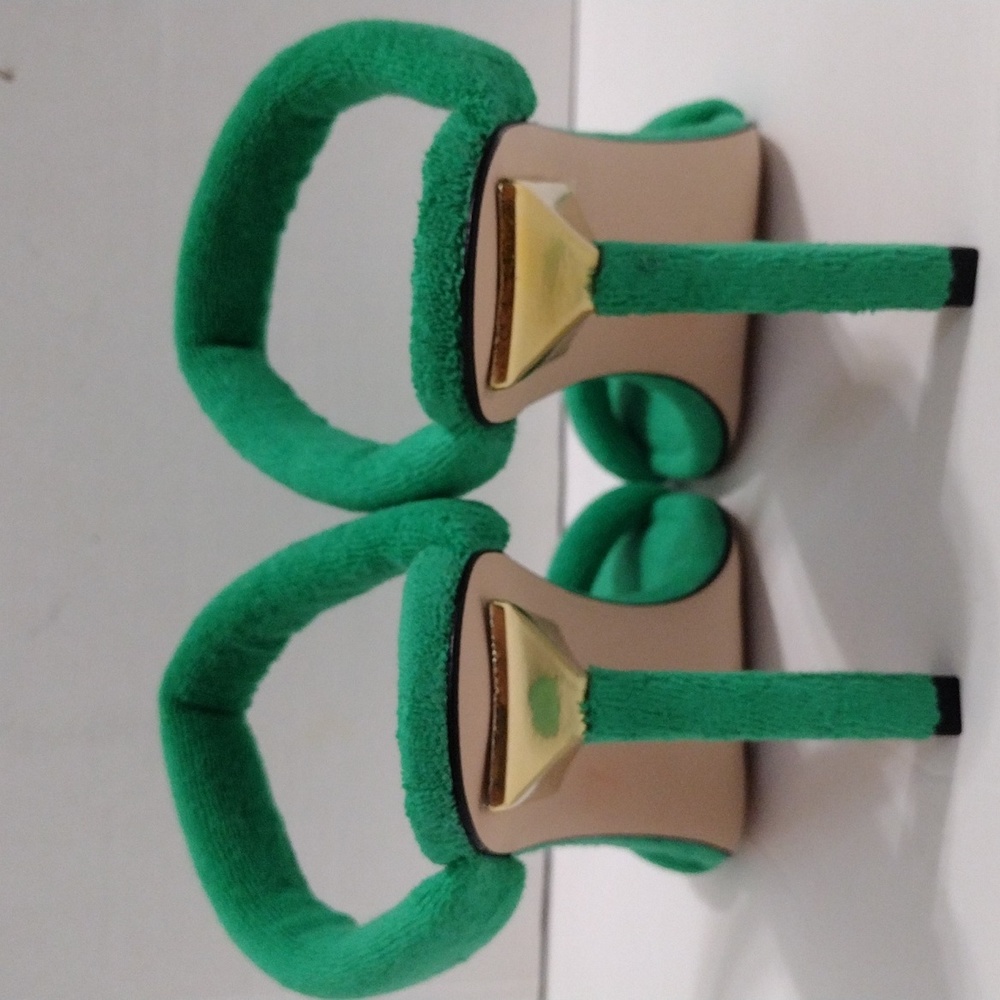Good American Terry Square Toe Mule Heels 9 Resort Glam Green Statement Sandals - Picture 11 of 16